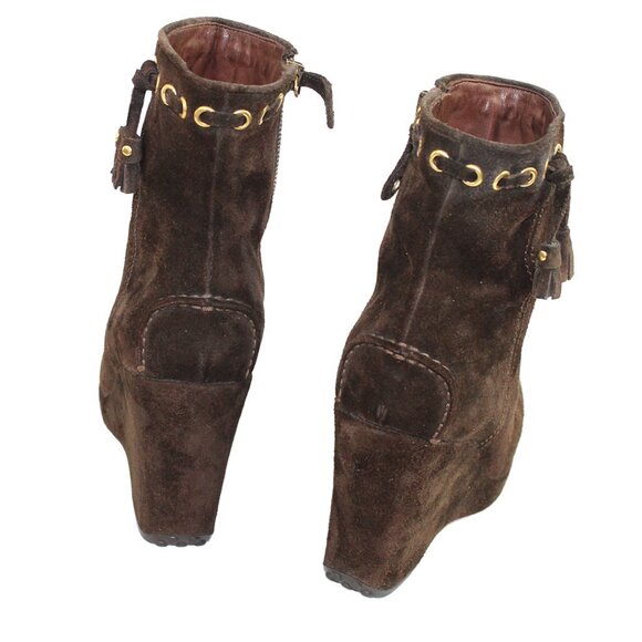 Original Car Shoe Prada Chocolate Suede Gold Tone Eyelet Wedge, Size 36.5 - Picture 8 of 11